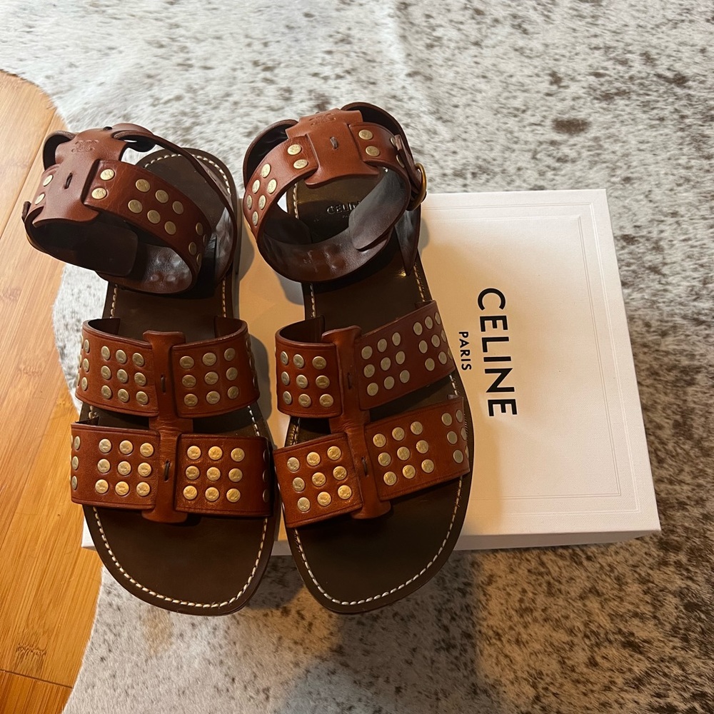 Celine cognac brown gold studded gladiator sandals size 41 / 11